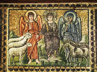善き羊飼いと二人の天使、6世紀、モザイク画