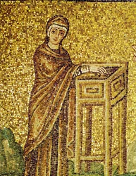 募金箱の前の貧しいやもめ、貧しいやもめの供え物の細部、6世紀（モザイク画）