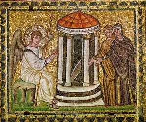 キリストの空の墓にいる2人の女性と後光と杖を持った天使、6世紀（モザイク画）