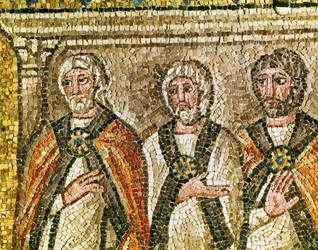 サンヒドリンの3人のメンバー、「カイアファの前のイエス」の詳細、6世紀（モザイク画）