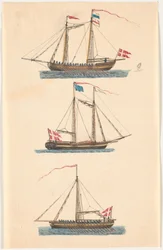 デンマーク国旗を掲げた 3 隻の海軍艦艇。 オール動力