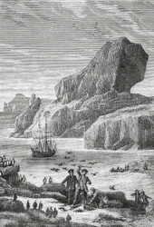 フランスの探検家イヴ＝ジョゼフ・ド・ケルゲレン＝トレマレック（1734～1797）によるオーストラルフランス（ケルゲレン諸島）の発見、1772年2月、彫刻、インド洋、フランス南・南極地域の領土