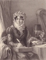 フランスの作家Stephanie-Felicite Ducrest de Saint Aubin, Madame de Genlis (1746-1830)の肖像、エングレーヴィング