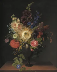 C. D. フリッツシュ作　サボテン・グランディフローラとその他の花をあしらった斑入り花瓶