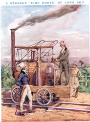 Outo "rautahevonen" kauan sitten, kuvitus "Newnesin kuvakirjasta" (väri litho)