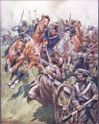 サーベルストロークから巻き上げられたコサックとロシアのリール、「有名な戦いのバラード」のイラスト、1900年頃（カラーリソ）