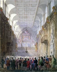 1838年、ロンドンのシティにあるギルドホールの内部。                                       