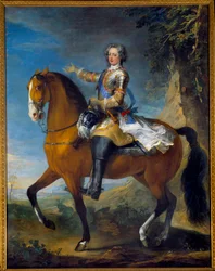 フランス国王ルイ15世（1710-1774）の13歳の時の騎馬像（1723年）。ジャン・バティスト・ファン・ロー（1684 - 1745）とシャルル・パロセル（1688 - 1752）による絵画