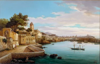 ジネス港の眺め (イタリア、ジェノヴァ港の眺め) カンビアーソの絵画 (19 世紀) ジネス、ガレリア ダルテ モダンナ