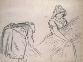 2匹の女性の収穫機の研究、1882年（白とピンクの紙に黒いチョーク）