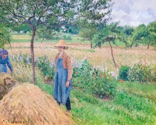 干し草の山のそばに立つ庭師、どんよりした空、エラニー