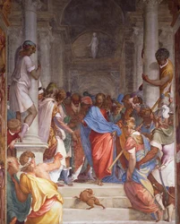 Adúltera antes de Cristo, afresco de Camillo Boccaccino (1501-1546) no presbitério da Igreja de San Sigismondo, Cremona, Itália