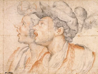 2 つの若者の頭 - カミーロ プロカッチーニ (1561-1629) 作、赤いチョークと紙にチョーク (20x27.2 cm)、1590 年頃 - 2 つの若者の頭、カミーロ プロカッチーニ作、1590 年頃 - 美術館カタルーニャ美術館、バルセロナ