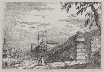 シリーズVedute（Views）からの塔と2つの台無しにされた柱のある風景