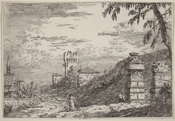 塔と2本の廃墟の柱のある風景