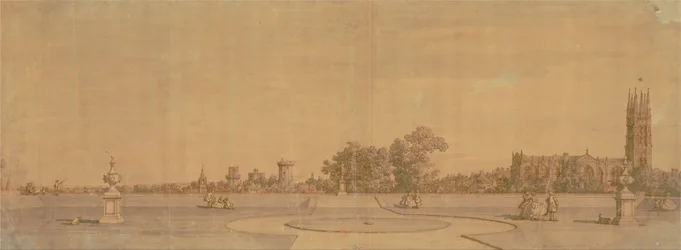 ウォリック修道院庭園からの町と城