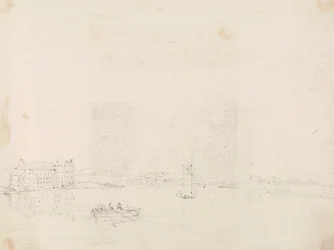 メディナ川の対岸から見たボートと大きな建物のスケッチ