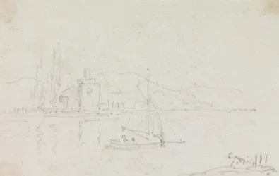 帆船と岸辺の建物のスケッチ