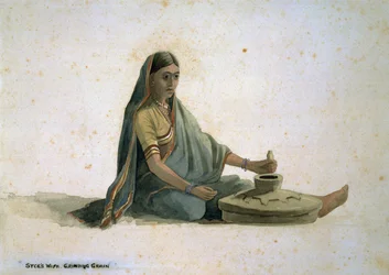 Syce の妻、穀物を挽く、インド