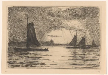 夜のドルドレヒト近くのマースの眺め