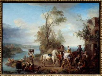 ラヴァンディエールを狩りに行き、川のほとりで泳ぐ。カレル・ファン・ファレンス（1683-1733）による絵画 1726年 日0.45x0.6m