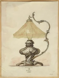 ロココ様式のねじれた溝付きボディを備えたシルバーのテーブルランプの描画、House of Carl Faberge