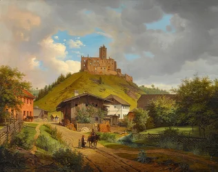 ヒルガルツベルク城の遺跡とドナウ川のホフマルクの景色。 1829