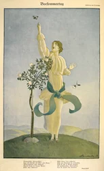詩 "Vorsommertag" のドローイング: .詩 "Vorsommertag" のドローイング。 蝶に手を伸ばす女性。