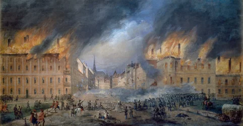 1848 年 10 月 28 日の Jagerzeile の Sternbarrikade での戦い、ウィーンでの革命、都市での火事、Carl Goebel (1824-1899) による絵画、オーストリア