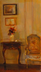 応接室のインテリア（パネルに油彩）