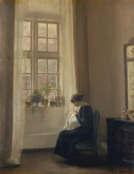 インテリアで裁縫をする少女（キャンバスに油彩）