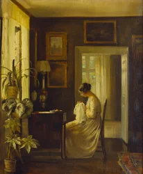 女性が縫うインテリア（キャンバスに油彩）