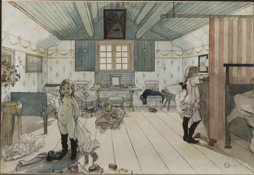 Chambre de petites filles - 小さな女の子の部屋」Larsson, Carl (1853-1919)作。紙に水彩画。寸法：32x43 cm。ストックホルム国立博物館