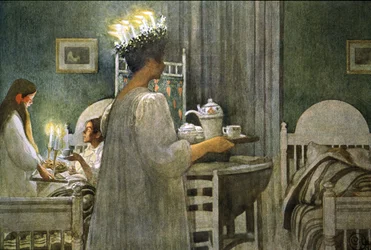 聖ルチアの日、イラスト 1916 の間に髪にキャンドル クラウンを持つ少女