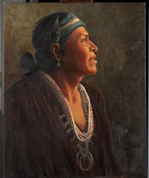 Ta-otza-begay、別名 Meguelito、Navajo Medicine Man (パネルに取り付けられたキャンバスに油彩)
