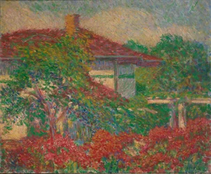 赤い屋根の建物のある風景、カリフォルニア州。 1880～1910年。