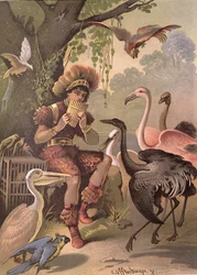 鳥を捕まえるパパゲーノ、ヴォルフガング・アマデウス・モーツァルトの「魔法のフルート」より（1756-91）