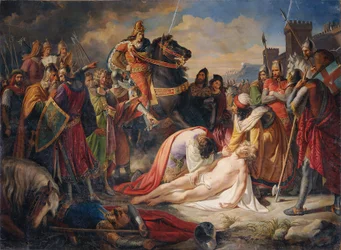 1266 年 2 月 26 日のベネベントの戦いの後、マンフレッドの遺体に接するアンジューのカール 1 世