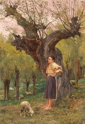 ドイツ語：牧草地の前に立つ少女