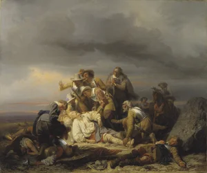 La decouverte du corps du roi Gustave II Adolphe de Suede (1594-1632) dit le Grand ou le Lion du Nord, mort a la bataille de Lutzen, le 6 novembre 1632 - Finding the body of the King Gustav II Adolf of Sweden after the Battle of Luetze, by Wahlbom, Carl (1