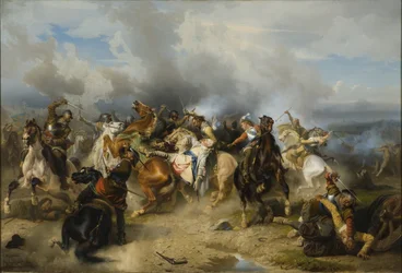 La mort du roi Gustave II Adolphe de Suede (1594-1632) dit le Grand ou le Lion du Nord, a la bataille de Lutzen, le 6 novembre 1632 - 1632年11月6日のルーツェンの戦いにおけるスウェーデン王グスタフ2世アドルフの死、Wahlbom, Carl (1810-1858)作。オイル・オン
