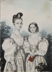 1830年代の姉妹アンナペトロヴナ1822-1905とエレナペトロヴナ1824-1860ウシャコフの肖像。