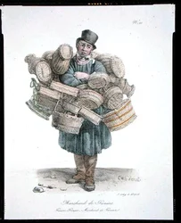 1820年頃に出版された「パリの叫び」シリーズの21番「バスケット売り」（カラーリトグラフ）