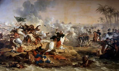 エジプトのキャンペーン（遠征）（1798〜1801年）。"The Battle of the Pyramids on 21/07/1798" Antoine dit Carle Vernet (1758-1836) の絵画 18世紀 Boissy saint Leger.グロボア城