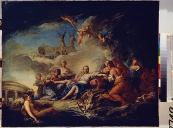 ダイアナの狩りの休息。 Carle Van Loo (1705-1765) の絵画。 キャンバスに油彩、65 x 80.5 cm