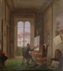1830年頃、画家のジュゼッペ・カネッラがスタジオでキャンバスに取り組んでいます。