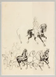 馬車と馬の準備研究（紙に墨と鉛筆画）