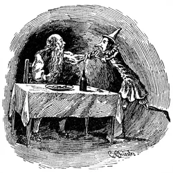 コッローディの作品の最初のイタリア人イラストレーターの 1 人であるカルロ・キオストリ (1863-1939) によるピノキオのイラスト。 木製の人形は、サメに飲み込まれた腹の中に父親のゼペットを見つけます。