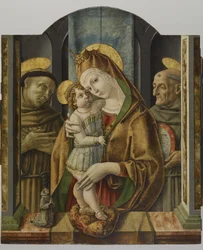 聖人とドナーの聖母子、1490年頃（パネルにテンペラと金箔）