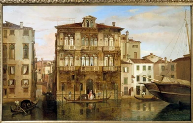ヴェネツィアの建物の前でゴンドラに乗るマリア・タグリオーニ（カルロ・フェラーリ（1813-1871）作